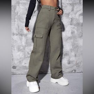 SHEIN ICON High Waist Flap Pocket Wide Leg, Cargo Jeans Army Green color